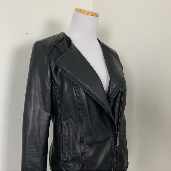 Michael Kors Genuine Leather Asymmetrical Zip Moto Jacket  Womens S Butter Black - Picture 14 of 17